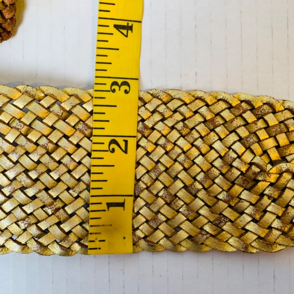 Fossil Leather Belt Metallic Gold Woven Braided Wide Womens Size M Twist Preppy - Picture 12 of 12